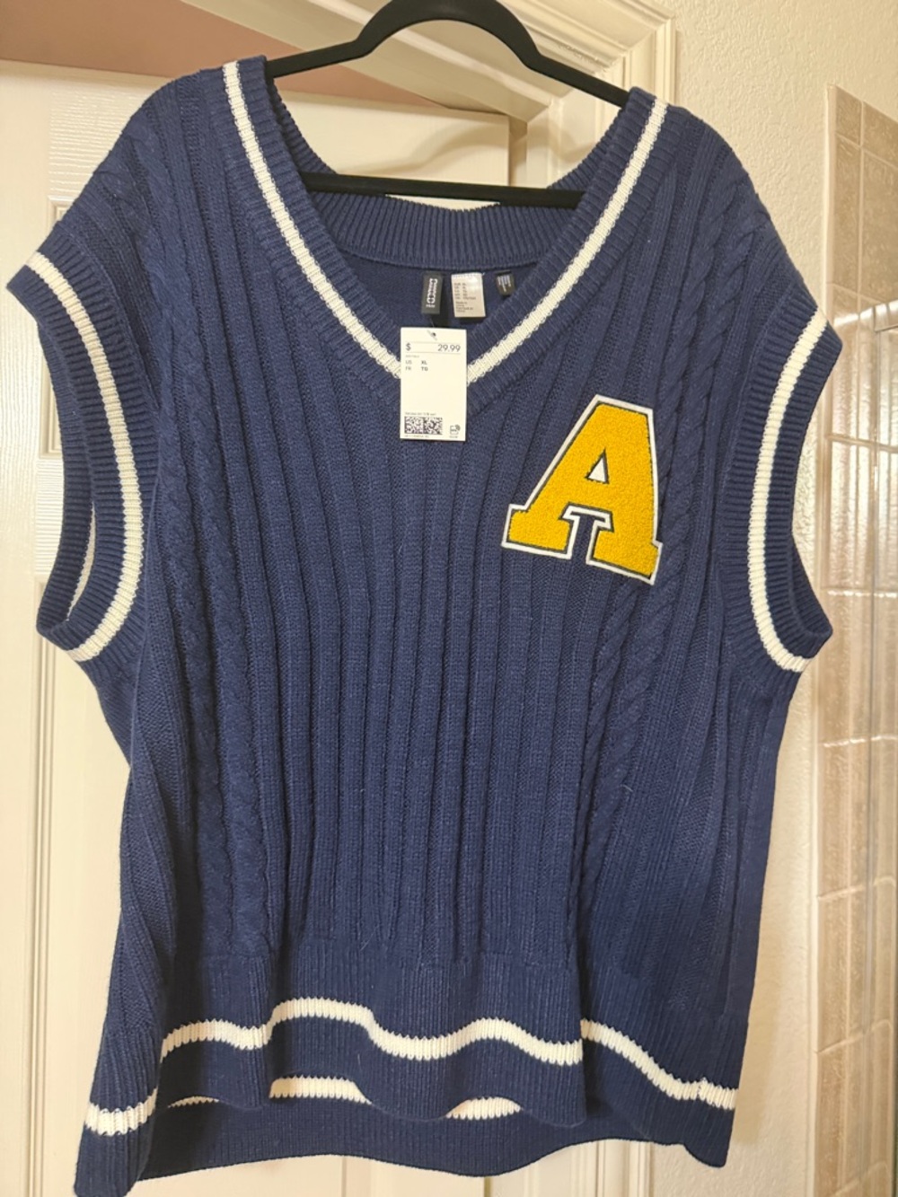 Divided Navy Cable-Knit V-Neck Sweater Vest with Yellow 'A' Patch